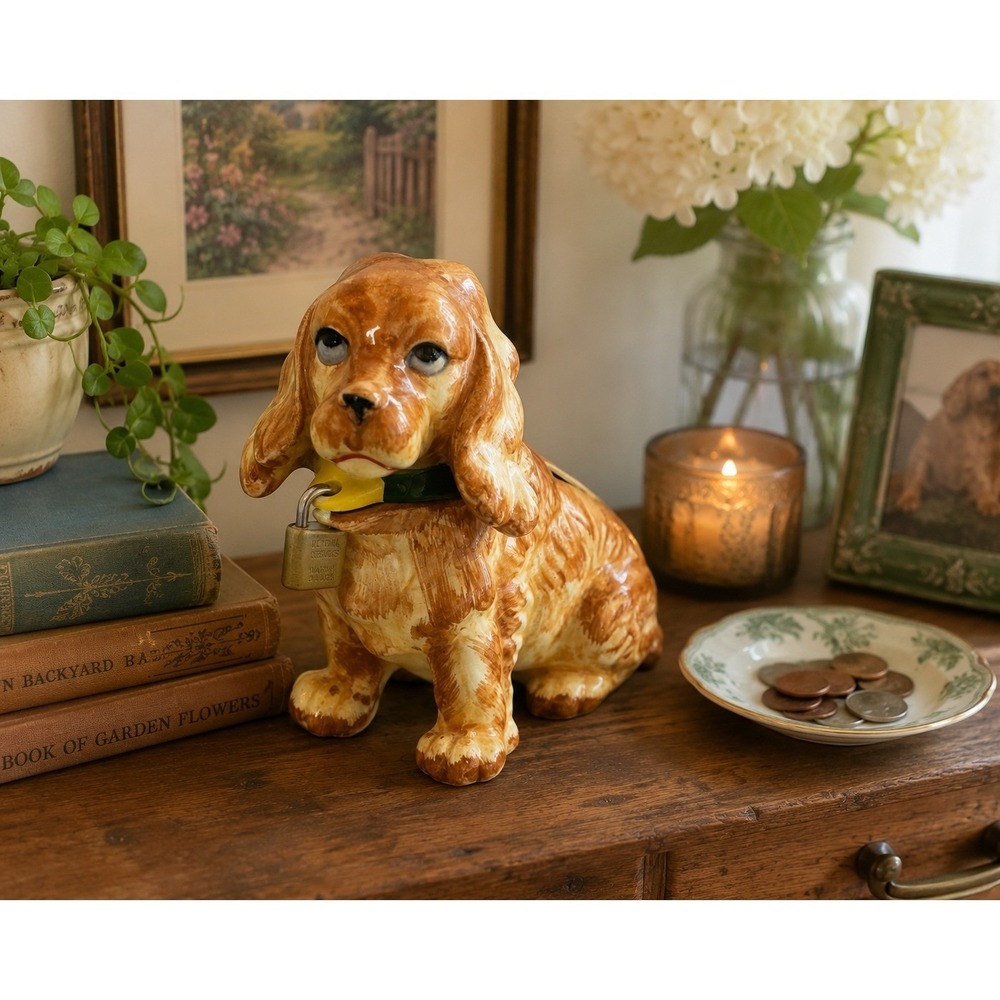 Vintage Victoria Ceramics Japan Cocker Spaniel Dog Piggy Bank Brown Glazed 7in